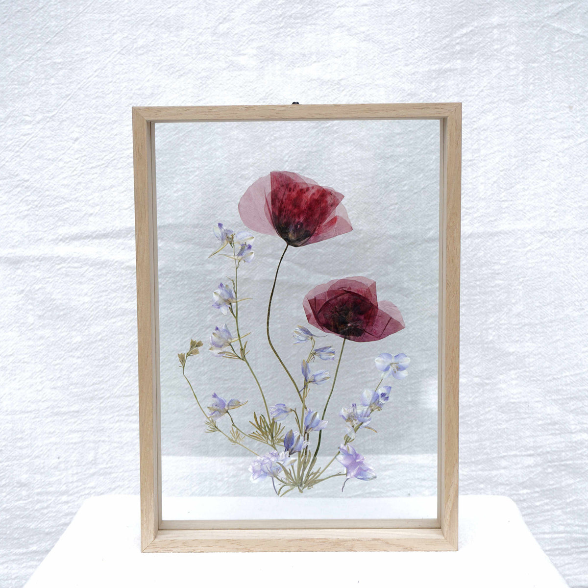 Amapola y delphinium en marco de madera