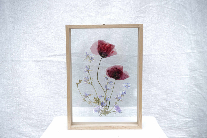 Amapola y delphinium en marco de madera